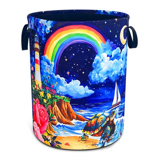 NUTAINLA Beach Sea Turtle Laundry Basket Rainbow Lighthouse Foldable Waterproof Oxford Cloth Funny Tote Bag Laundry Hamper Clothes Storage Bucket Toy Organizer For Bathroom/Laundry Storage/Bedroom 18.9x16.5 In