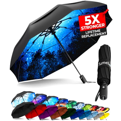 TUMELLA Strongest Windproof Travel Umbrella (Compact, Superior & Beautiful), Small Strong but Light Portable and Automatic Folding Rain Umbrella, Durable Premium Grip, Fits Car & Backpack