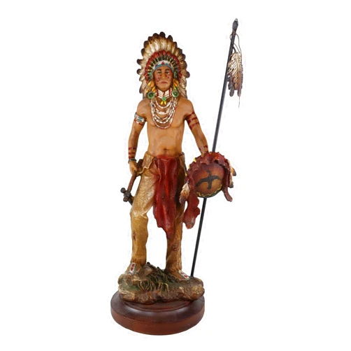 Ebros Gift Battle Ready War Path Native American Indian Warrior Tribal Chief with Battle Headdress Holding Spear Axe and Shield Statue As Home Decor Sculpture Cultural Heritage History Figurine