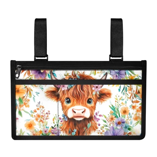 Yzaoxia Highland Cow Wheelchair Side Bags Small Boho Floral Walker Wheel Chair for Adults Armrest Accessories Trendy Rollator Arm Rest Storage Pockets Side Pouch for Home Roomy Zipper Pocket