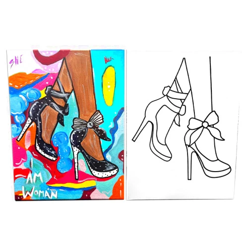 INDIGO ART STUDIO 11x14 Canvas Painting | Heels 80s Retro Theme | Pre Drawn Stretched Canvas | Retro Artwork | Adult Sip and Paint Party Favor | Therapeutic Painting Shoes