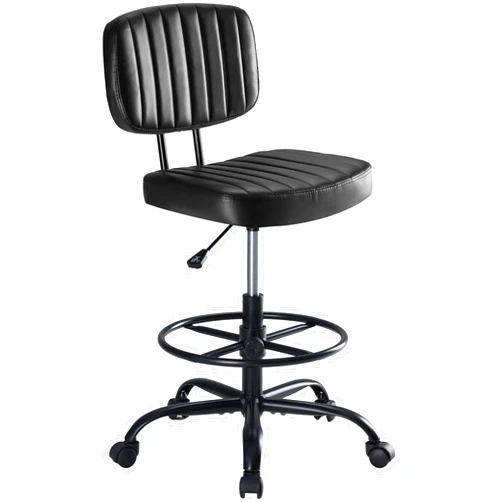 DUMOS Armless Drafting Chair, Low Back Office Seat with Adjustable Footrest Ring for Standing Desk, Ergonomic PU Leather Office Seating, Swivel Rolling High Stool for Studio, Lab, Counter, Black