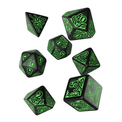 Q WORKSHOP Call Of Cthulhu black & green RPG Ornamented Dice Set 7 Polyhedral Pieces