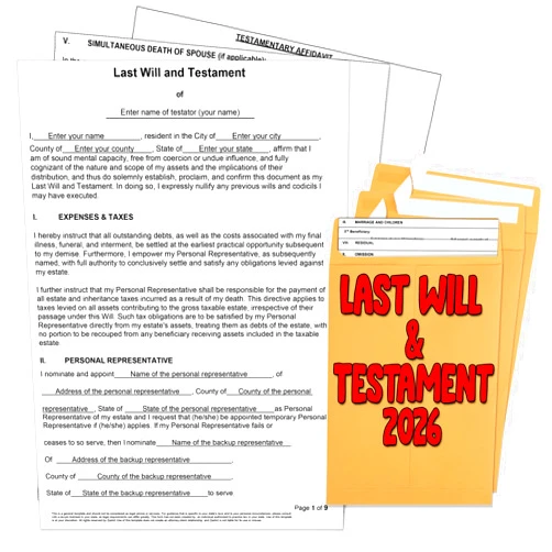 Zastic! 2026 3 Pack Last Will and Testament Kit: Blank Legal Last Will Testament Forms, Do It Yourself Legal Will Maker Templates - End of Life Planning Kit - 3 Blank Forms, Guide, & Envelopes