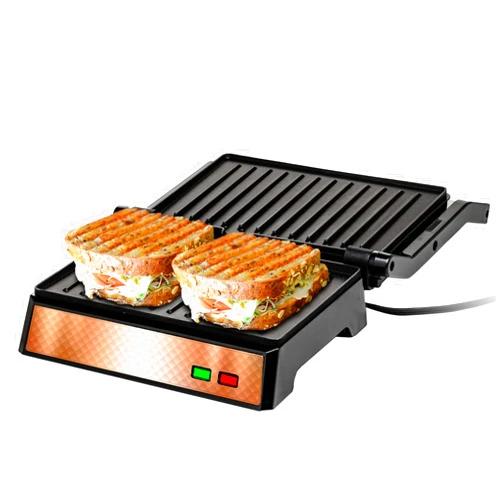 OVENTE Electric Indoor Panini Press Grill and Sandwich Maker with Non-Stick Coated Plates, Cool-Touch Handle and Removable Drip Tray, Opens 180 Degrees to Fit Any Type or Size of Food, Copper GP0540CO