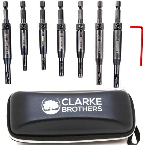 Clarke Brothers Self-Centering Drill Bit Set – 8-Pack Assorted Sizes Center Drill Bit Set with Hex Key and Zippered Case – Heavy-Duty Steel Drill Bits for Wood Working, Hinges, Hardware