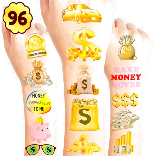 Frawharmone 96PCS Fun Tattoo Temporary Tattoos Money Jar Symbol Stickers Theme Birthday Party Decorations Favors Decor Supplies Cute Quote Sticker Gifts for Adults Kids Girls Boys School Prizes Carnival Halloween