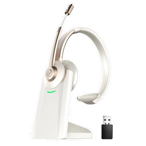 Hoyzzem Bluetooth Headset, Wireless Headphones with Microphone Noise Canceling & USB Dongle, V5.0 Trucker Bluetooth Headset with Mic Mute & Charge Dock for PC/Laptop/Phone/Meeting/CallCenter/Office Gold