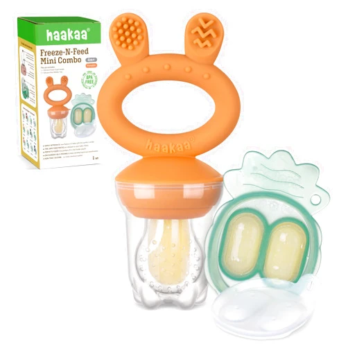 Haakaa Baby Fruit Food Feeder & Mini Freezer Nibble Tray Combo, Breastmilk Popsicle Molds for Baby Cooling Relief, BPA Free Silicone Feeder for Safe Infant Self Feeding, 4 Month+ (Pumpkin)