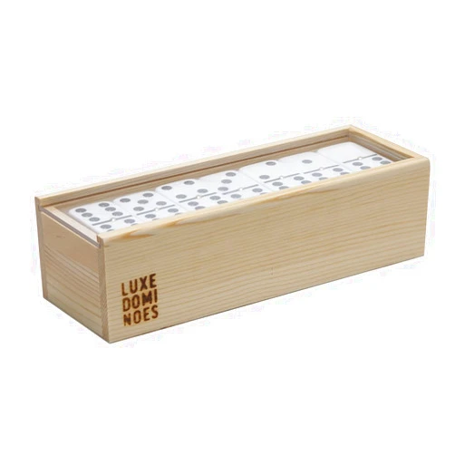 Luxe Dominoes PBOX Deluxe Modern Domino Set Double Six, with Jumbo Sized Tournament Dominoes Black and White Two Toned with Spinner (Rivets) in Wood Box with Acrylic Top (Clear)