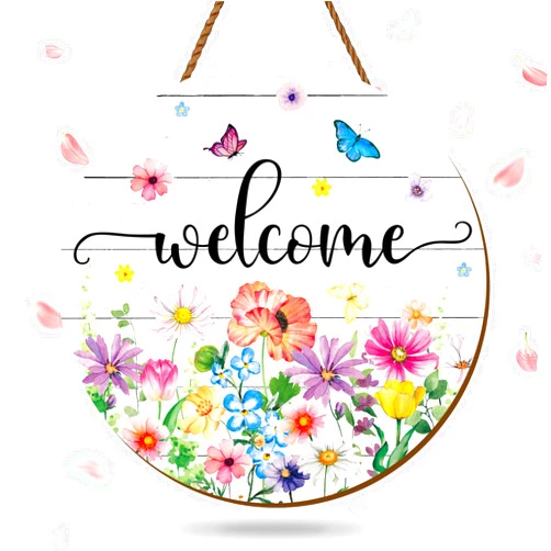 JarThenaAMCS Summer Flower Welcome Door Sign Wildflower Wooden Hanging Sign Floral Butterfly Door Hanger Sign for Spring Summer Indoor Outdoor Farmhouse Home Porch Window Decor
