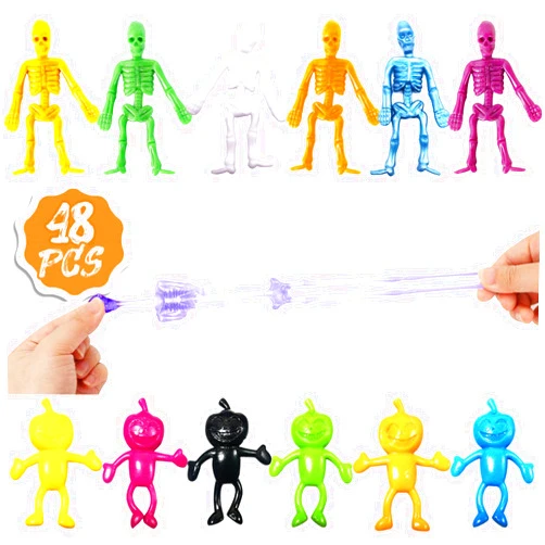 AOLAWOVIN Halloween Stretchy Toys, 48 PCS Halloween Party Favors Pumpkin Skeletons 12 Colors Bulk Set Stress and Anxiety Relief Halloween Decorations