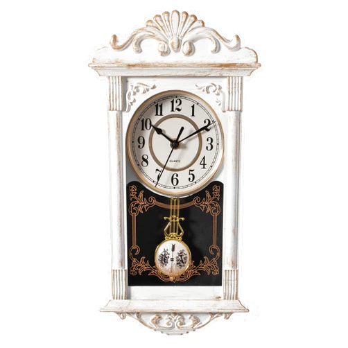 Clockswise Vintage Grandfather-Style Wall Clock with Wood-Effect Plastic Pendulum Battery-Operated for Home Decor Living Room Home Office Kitchen or Dining Room (White, 16 Inch)