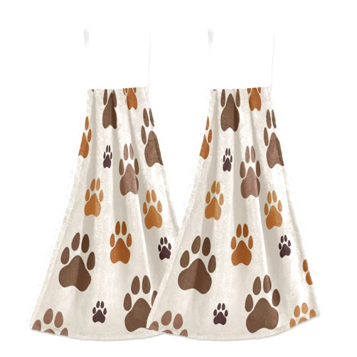 Aslsiy Dogs Paw Prints Hanging Kitchen Towels Animal Pets Bathroom Hand Tie Towel Fast Drying Dish Tea Towels for Bath Tabletop Gym Home Decor Set of 2