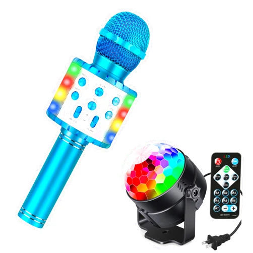 BETTERBIZE Karaoke Microphone and Sound-Activated Party Disco Light - Kids Bluetooth Wireless Microphone and Light That Moves with Sound - for Boys and Girls (Blue Mic and Light)
