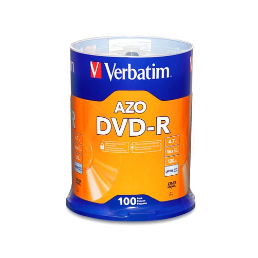 Verbatim DVD-R Blank Discs AZO Dye 4.7GB 16X Recordable Disc - 100 Pack Spindle Frustration Free Packaging