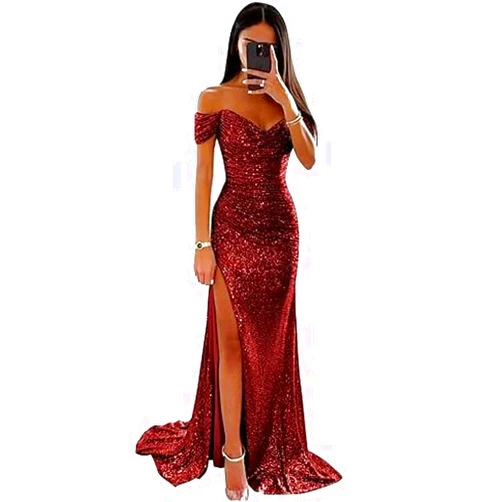 OUJUNFU Sequin Mermaid Prom Dress for Women Long Off Shoulder Sparkly Bridesmaid Dresses Slit Formal Evening Gown