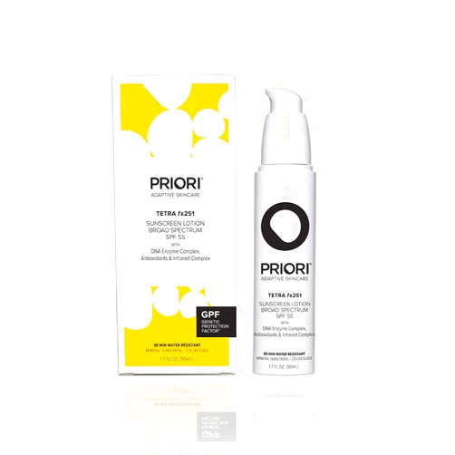 Priori Skincare Tetra Sunscreen Lotion Broad Spectrum SPF 55 Universal Skin Tint, Zinc Oxide Facial Sunscreen, Blue Light Protection, Antioxidant, Matte Finish 1.7 fl oz
