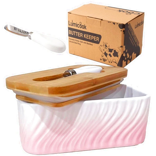Lumicook Sakura Pink Butter Dish with Lid, Knife - Ceramic Butter Keeper with Unique Ripple Texture, Butter Dish，Butter Holder (Sakura Pink, Large)