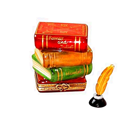 Rochard Limoges Original Rochard Shakespeare Stack of Books with Removable Porcelain Inkwell and Brass Feather Limoges Porcelain Box