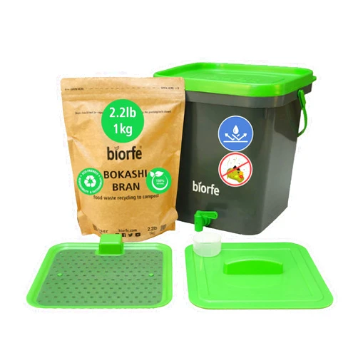 Biorfe Bokashi Indoor Compost Starter Kit All Seasons Bokashi Bran - Attractive Countertop Kitchen Odor Free Compost Bin - Composting Bucket Container with 2.2 lbs Organic Dry Bokashi Bran for Indoor