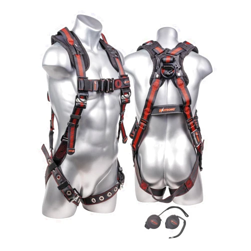 KStrong UFH15203GQ Kapture Elite+ Fall Protection 5-Point Full Body Safety Harness, Enhanced Aluminum Dorsal D-Ring Plus, TB Legs, QC Chest, Removable Padded Shoulder, Spring Torso Adjusters, Multi-Flex Feature for Ease of Mobility, ANSI Compliant, M-L, Red/Black