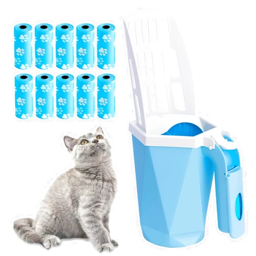 Austepax Cat Litter Scooper with Holder Kitty Litter Scoop with Bag, Cat Litter Shovel with 150 Refill Bags, Portable Cat Poop Scooper Cat Litter Container Easy to Clean Large Litter Box Scooper Blue