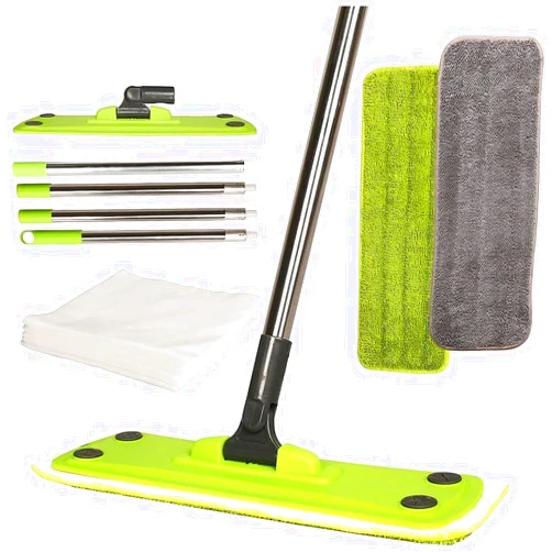 CHANHOO Microfiber Mop with 5 Dust Papers + 2 Washable Pads ,Wet & Dry & Dust Multi-Surface Floor Cleaning, Adjustable Stainless Steel Handle for Hardwood Cleaning, Tile, Vinyl & Walls (Green+Gray)