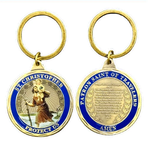 DFFDFF St Christopher Protect Us Challenge Coin keychain Patron Saint of Travelers Prayer Commemorative Coin keychains for Travelers