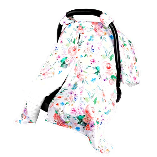 Jundetye Baby Car Seat Cover, Peekaboo Opening Car Seat Canopy for Baby Girls Boys, Mom Nursing Breastfeeding Covers, Minky Blanket for Infant, Pink Watercolor Flower