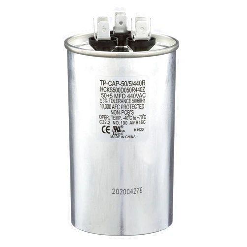 TradePro (TP-CAP-50/5/440R) 50+5 MFD (Microfarads) 440 Volt Round Dual Run Capacitor | 60,000 Hour Operating Life, Aluminum Composition, -40°F to 158°F (-40°C to 70°C) Temperature Range
