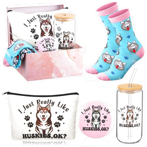 Kacctyen 5 Pcs Christmas Husky Gifts for Women Husky Dog Lover Gifts 16oz Glass Cup Tumbler with Lid Straw Makeup Cosmetic Bag Pocket Mirror Sock for Dog Mom Animal Lovers Birthday Party Favors