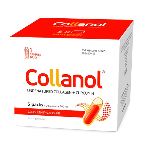 Collanol Innovation in The Care of Healthy Joints - Liquid Formula in a Double Capsule 3D Collagen + micellar Extract of Turmeric Roots 1 Capsule/Day. Laboratory Tested (Pack of 5)