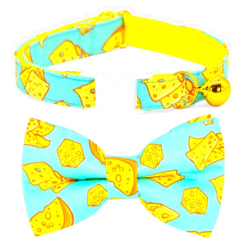 CSSPET Cheese Cat Bow Tie Collar, Blue & Yellow Cheese Pattern, Wedding/Birthday/Festivals Cat Collar, Quick Release Safety Breakaway Collar