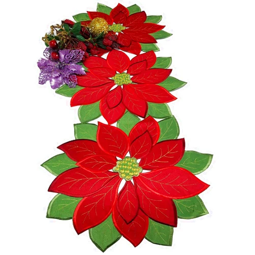 GR-Home Holiday Christmas Applique Poinsettia Red Green Embroidered Christmas Flower Table Runner for Home Dinner Xmas Table Top Decorations,14