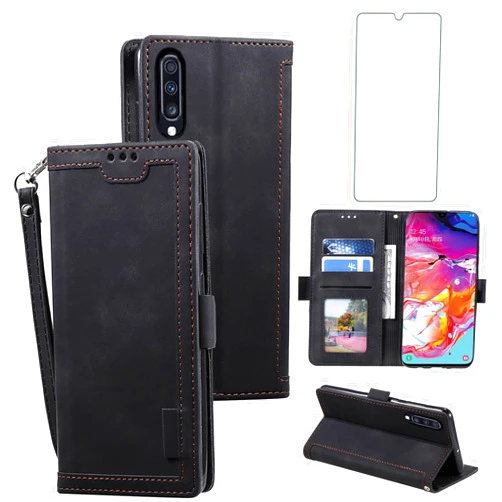 Asuwish Phone Case for Samsung Galaxy A70 Wallet Cell Cover with Tempered Glass Screen Protector Lanyard Flip Credit Card Holder Slot Stand A70S A 70 70A S70 Women Men Rugged Wrist Strap Folio Black