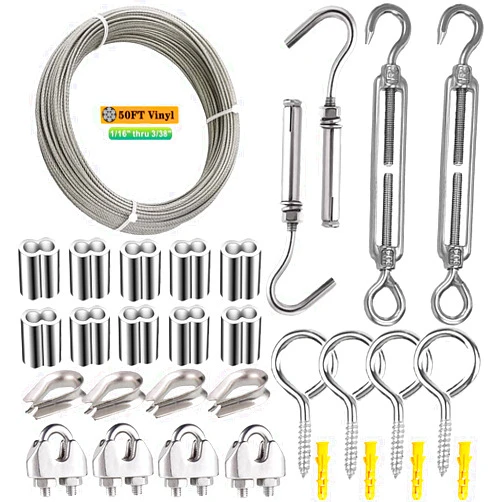 Roxanned 1/16 Wire Rope Kit,304 Stainless Steel Wire Cable,Vinyl Coated Aircraft Cable,7x7 Strand Core with Turnbuckles,Crimping Loop Sleeve,Cable Clip Clamp for String Light Hanging,Garden Wire,Clotheslines