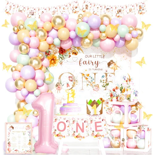 Hombae Fairy First Birthday Decorations, Floral Enchanted Themed 1st Birthday Party Supplies Our Little Fairy is Turning One Backdrop Balloon Banner Cake Topper Box Crown Poster for One Year Old Girl