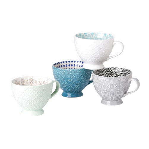 Signature Housewares Pad Print Set of 4 Assorted Footed 14oz Mugs, PP13 Multicolor