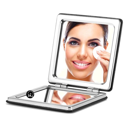 OMIRO Compact Mirror, Classical PU Leather 1X/3X Magnification, Pocket Ultra Portable for Purses and Travel (Black)