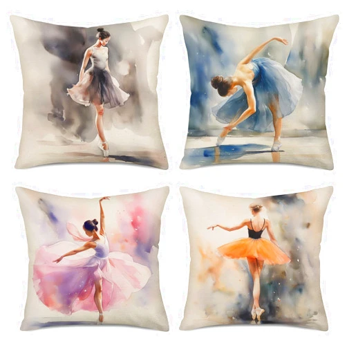 Xihomeli Set of 4 Throw Pillow Covers Ink Painting Classical Ballet Elegant Ballerina Dancing Girl Wearing Beautiful Dress Decorative Cotton Linen 18 x 18 Inch Pillowcase for Home (4 Pack Ballet Girl)