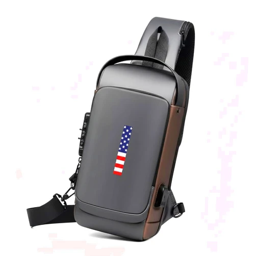 Famylux Anti-Theft Sling Bag for Men & Women | USA Flag Chest Shoulder Backpack | Waterproof Crossbody Daypack with USB Charging Port & Lock | Daily use, Travel, Working, Hiking, Cycling. (Grey or Black)