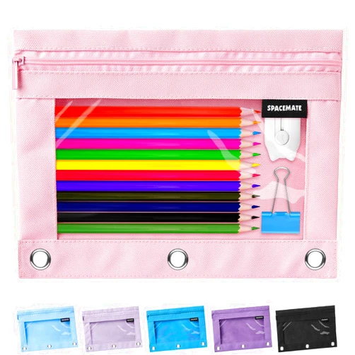 SPACEMATE Binder Pencil Pouch Case for 3 Ring Binder School Supplies, Clear Zipper Pen Case Bag for Girls Boys Women Men Adults, 1 Pack, Pink