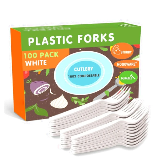 HOGOWARE 100 Pack White Plastic Forks - Disposable Silverware & Cutlery Set | Heavy Duty Plasticware, Utensils for Party, BBQ, Picnic, Office, Home | Bulk Party Utensils, Cubiertos Desechables para Fiesta