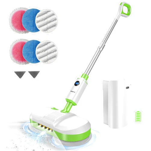 AlfaBot Cordless Electric Mop for Floor Cleaning, Dual Spin Mop with LED Headlight/Water Spray/Self-Propelled,Clean up to 2700 ft²,Rechargeable Electric Mops with Big Water Tank for Multi Floors