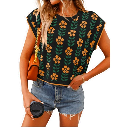 Jiazery QZ Women's Summer Cap Sleeve Flower Sweater Knit Lightweight Pullover Trendy Crop Tops