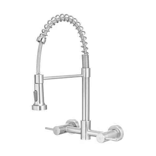 AIMADI Wall Mount Kitchen Faucets, 8-Inch Center Wall Mount Kitchen Sink Faucet with Pull-Down Sprayer,Modern Stainless Steel Design Double Lever Control