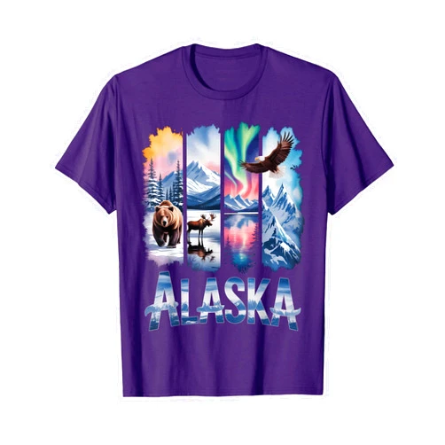Alaska Day Animal Alaska Snowy Mountain Gifts Alaskan Bear Moose Eagle Lake and Mountain Aurora Borealis T-Shirt