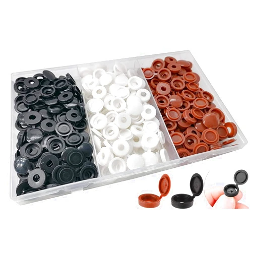 Persberg 180Pcs Colorful Pieces Hinged Screw Cover Caps Plastic Screw Caps Fold Screw Snap Covers Washer Flip Tops (Black, White, Brown) 286