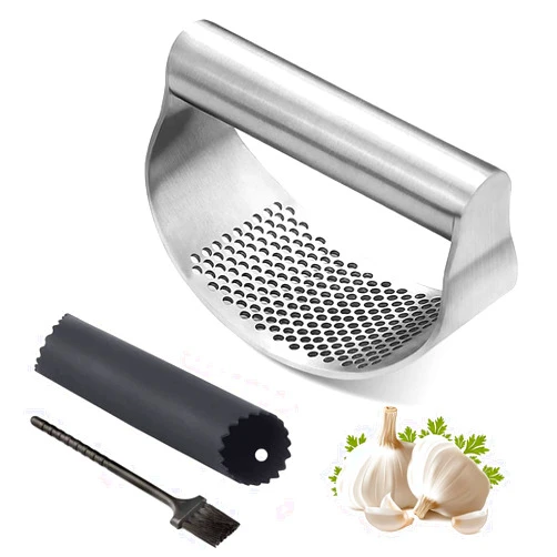 Lagarto Stainless Steel Garlic Press Rocker - Garlic Mincer Tool Handheld Garlic Crusher Ginger Cutter Garlic Press Cutter - Silicone Garlic Peeler Tube and Cleaning Brush Kitchen Gadgets Garlic Chopper